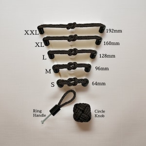 May include: A collection of dark brown rope-style cabinet pulls and knobs. Sizes range from XXL (192mm) to S (64mm), with a ring handle and a circle knob. The hardware is designed for furniture and home decor.