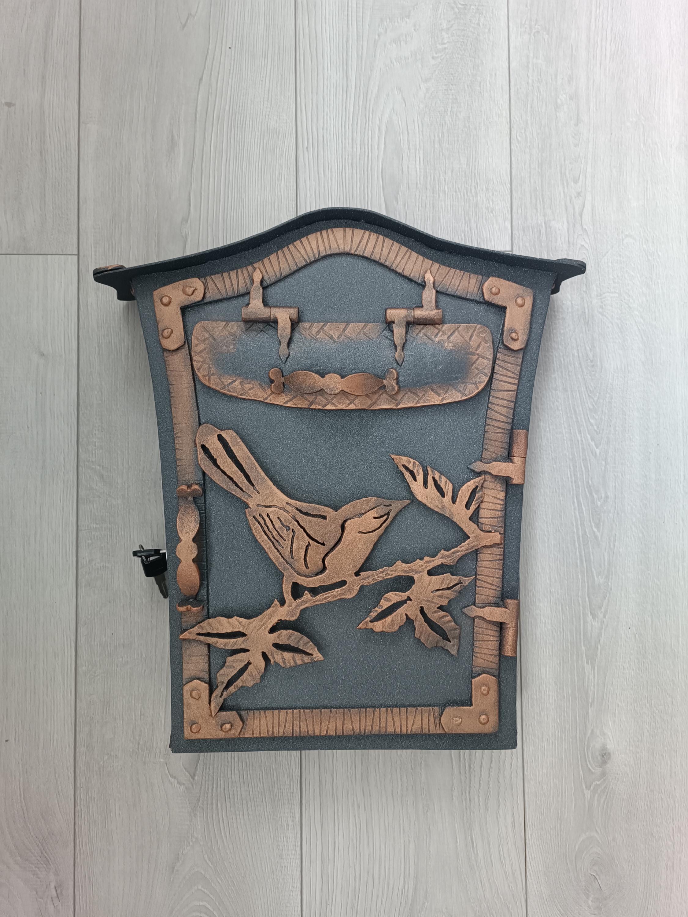 Hand-Forged Wrought Iron Mailbox: Rustic Bird Design, Wall-Mounted