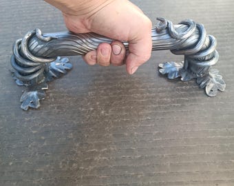 Hand Forged Wrought Iron Door Handle, Vine Design, Rustic Metal Hardware