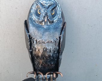 Hand-Forged Metal Owl Sculpture: Rustic Garden Decor, Iron Bird Art