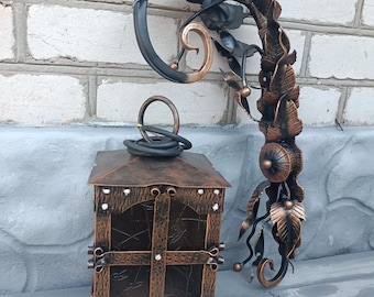 Handmade Wrought Iron Lantern Sconce: Black & Bronze Patina
