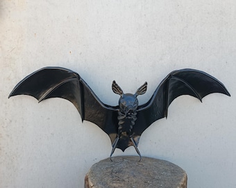 Hand-Forged Iron Bat Sculpture: Gothic Wall & Garden Decor