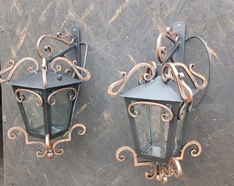 2 Handmade Wrought Iron Wall Lantern, Vintage Outdoor Light for Garden or Home