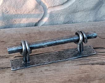 Hand Forged Iron Door Pull Handle: Rustic Knot Design, Blackened Finish