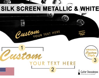 Vintage METALLIC y WHITE Hand Silk Screen Printed Two-Line Guitar Waterslide Headstock Calcomanías