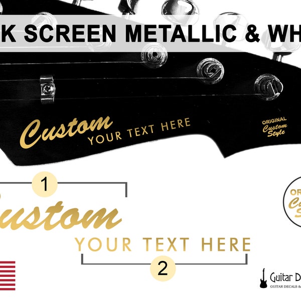 Vintage METALLIC and WHITE Hand Silk Screen Printed Two-Line Guitar Waterslide Headstock Decals