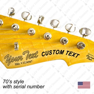 CUSTOM Vintage 70s Style Curved Guitar and Bass Waterslide Headstock Decals With Serial Number