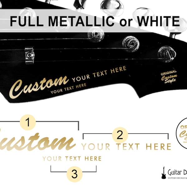 METALLIC and WHITE Silk Screen Printed Guitar Waterslide Headstock Decals