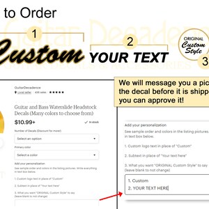 K&ouml;nnte beinhalten: Ein Screenshot eines Etsy-Listings f&uuml;r benutzerdefinierte Gitarren- und Bass-Wasserfolien-Kopfplatten-Aufkleber. Das Listing zeigt eine gelbe Gitarre mit einem Aufkleber, auf dem "ORIGINAL Custom Style" steht. Das Listing enth&auml;lt auch ein Textfeld, in das Kunden ihren eigenen Text eingeben k&ouml;nnen, der auf dem Aufkleber enthalten sein soll. Der Text im Bild lautet "Custom YOUR TEXT".