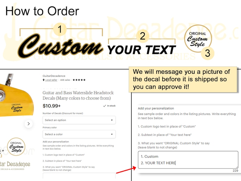 K&ouml;nnte beinhalten: Ein Screenshot eines Etsy-Listings f&uuml;r benutzerdefinierte Gitarren- und Bass-Wasserfolien-Kopfplatten-Aufkleber. Das Listing zeigt eine gelbe Gitarre mit einem Aufkleber, auf dem "ORIGINAL Custom Style" steht. Das Listing enth&auml;lt auch ein Textfeld, in das Kunden ihren eigenen Text eingeben k&ouml;nnen, der auf dem Aufkleber enthalten sein soll. Der Text im Bild lautet "Custom YOUR TEXT".