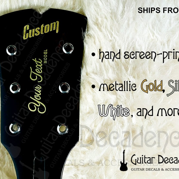 Custom METALLIC Hand Screen Printed Vintage Guitar Waterslide Headstock Decals 3x3 Headstocks