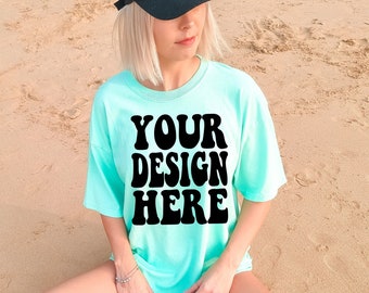 Comfort Colors C1717 Island Reef Shirt Mockup | Green Tshirt | Oversized Mockup | Model Mock Ups | Comfort Color Shirt Mockup | Summer Beach