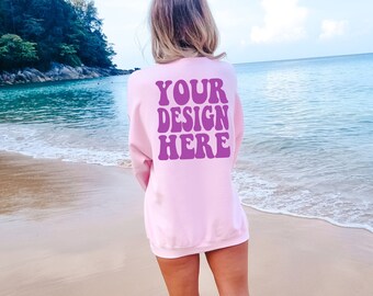 Gildan Light Pink 18000 Back Mockup / Gildan Sweater Mock up / Oversized Sweatshirt Model Mockup / Light Pink G180 Mockup / Summer Beach