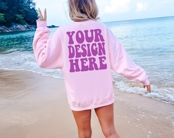 Gildan Light Pink 18000 Back Mockup / Gildan Sweater Mock up / Oversized Sweatshirt Model Mockup / Light Pink G180 Mockup / Summer Beach