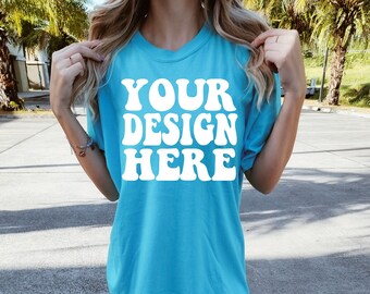 Comfort Colors C1717 Lagoon Blue Shirt Mockup | Blue Tshirt | Oversized Mockup | Model Mock Ups | Comfort Color Shirt | Street Style Tee