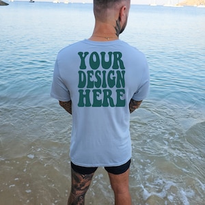 Bella Canvas 3001 Light Blue Shirt Mock up | Bella Canvas Tshirt Male Mockup | 3001 Tee Man Model Back Mockup | Mens Summer Beach Mockup
