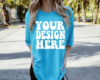 Comfort Colors C1717 Lagoon Blue Shirt Mockup | Blue Tshirt | Oversized Mockup | Model Mock Ups | Comfort Color Shirt | Street Style Tee