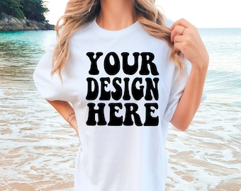 Comfort Colors C1717 White Shirt Mockup | White Tshirt | Oversized Mockup | Model Mock Up | White Comfort Color Shirt Mock | Summer Beach