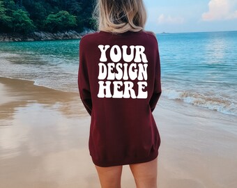 Gildan Maroon 18000 Sweater Back Mockup | Gildan Sweater Mock up | Oversized Sweatshirt Model Mockup | Gildan G180 Mockup | Summer Beach
