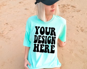 Comfort Colors C1717 Island Reef Shirt Mockup | Green Tshirt | Oversized Mockup | Model Mock Ups | Comfort Color Shirt Mockup | Summer Beach