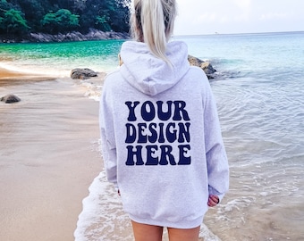 Gildan Ash 18500 Back Mockup | Oversized Gildan Hoodie Beach Mock up | Gray Hoodie G185 Model Mockup | Gildan 18500 Mockup | Summer Beach