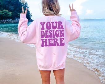 Gildan Light Pink 18000 Back Mockup / Gildan Sweater Mock up / Oversized Sweatshirt Model Mockup / Light Pink G180 Mockup / Summer Beach