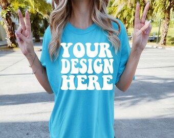 Comfort Colors C1717 Lagoon Blue Shirt Mockup | Blue Tshirt | Oversized Mockup | Model Mock Ups | Comfort Color Shirt | Street Style Tee
