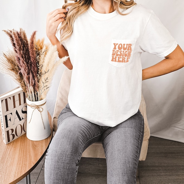 Comfort Colors White 6030 Pocket T-Shirt Mockup | Pocket White Tee Mock | Model Shirt Mock Up | Comfort Color Shirt Mockup | Boho Aesthetic