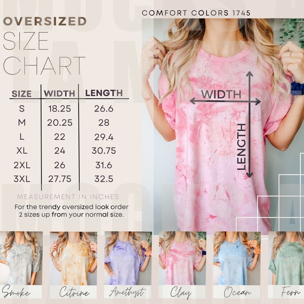 Comfort Colors CC1745 Color Blast Clay Shirt Size Chart | Unisex Blast Tshirt Size Chart | Tie Dye Shirt Model Sizing | Size Chart USA