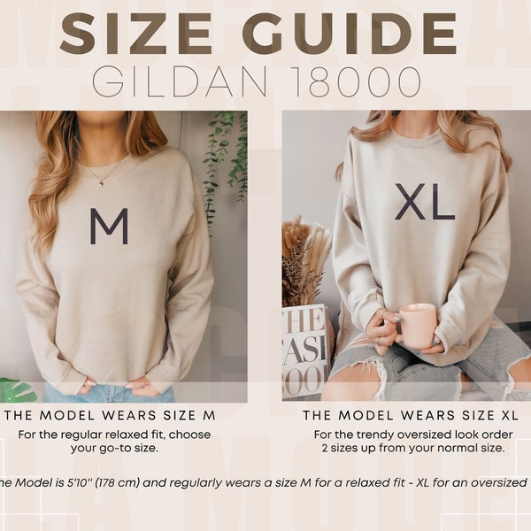 Gildan 18000 Sand Pullover Größentabelle | Unisex Sand Größentabelle | Modell Mockup Sizing Sand Oversized Sweatshirt | G18000 | Vorderseite Schaubild USA