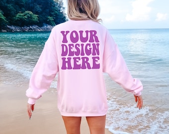 Gildan Light Pink 18000 Back Mockup / Gildan Sweater Mock up / Oversized Sweatshirt Model Mockup / Light Pink G180 Mockup / Summer Beach