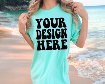 Comfort Colors C1717 Island Reef Shirt Mockup | Green Tshirt | Oversized Mockup | Model Mock Ups | Comfort Color Shirt Mockup | Summer Beach