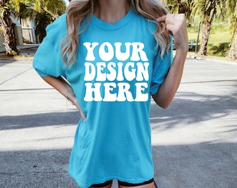 Comfort Colors C1717 Lagoon Blue Shirt Mockup | Blue Tshirt | Oversized Mockup | Model Mock Ups | Comfort Color Shirt | Street Style Tee