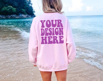 Gildan Light Pink 18000 Back Mockup / Gildan Sweater Mock up / Oversized Sweatshirt Model Mockup / Light Pink G180 Mockup / Summer Beach
