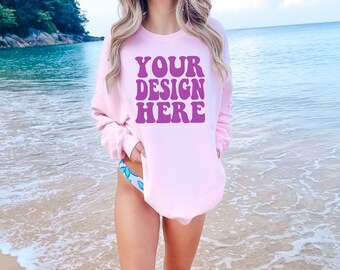Gildan Light Pink 18000 Back Mockup / Gildan Sweater Mock up / Oversized Sweatshirt Model Mockup / Front Pink G180 Mockup / Summer Beach