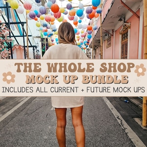 May include: A woman walks down a street decorated with colorful paper lanterns. The text "THE WHOLE SHOP MOCK UP BUNDLE INCLUDES ALL CURRENT + FUTURE MOCK UPS" is displayed on a banner.