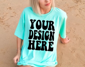 Comfort Colors C1717 Island Reef Shirt Mockup | Green Tshirt | Oversized Mockup | Model Mock Ups | Comfort Color Shirt Mockup | Summer Beach