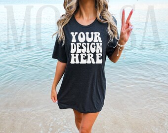 Bella Canvas 3001 Heather Dark Gray Shirt Mock up | Bella Canvas Model Tshirt Mockup | BC Oversized 3001 Tee Mockup | Summer Beach Mockup