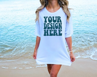 Bella Canvas 3001 White Shirt Mock up | Bella Canvas BC Model White Tshirt Mockup | BC Oversized Shirt 3001 Tee Mockup | Summer Beach Mockup