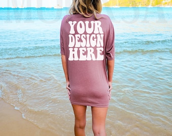 Bella Canvas 3001 Heather Mauve Shirt Mock up | Bella Canvas Model Tshirt Back Mockup | BC Oversized 3001 Tee Mockup | Summer Beach Mockup