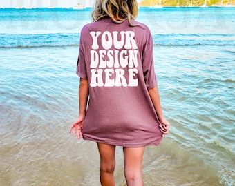 Bella Canvas 3001 Heather Mauve Shirt Mock up | Bella Canvas Model Tshirt Back Mockup | BC Oversized 3001 Tee Mockup | Summer Beach Mockup