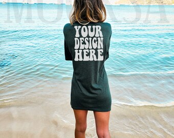 Bella Canvas 3001 Heather Forest Shirt Mock up | Bella Canvas Model Tshirt Back Mockup | BC Oversized 3001 Tee Mockup | Summer Beach Mockup