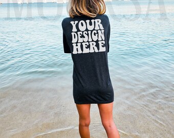 Bella Canvas 3001 Heather Dark Gray Shirt Mock up | Bella Canvas Model Tshirt Back Mockup | BC Oversized 3001 Mockup | Summer Beach Mockup