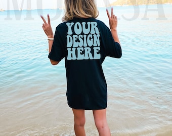 Bella Canvas 3001 Heather Black Shirt Mock up | Bella Canvas Model Tshirt Back Mockup | BC Oversized 3001 Tee Mockup | Summer Beach Mockup