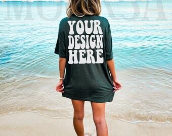 Bella Canvas 3001 Heather Forest Shirt Mock up | Bella Canvas Model Tshirt Back Mockup | BC Oversized 3001 Tee Mockup | Summer Beach Mockup