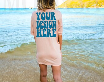 Bella Canvas 3001 Heather Peach Shirt Mock up | Bella Canvas Model Tshirt Back Mockup | BC Oversized 3001 Tee Mockup | Summer Beach Mockup
