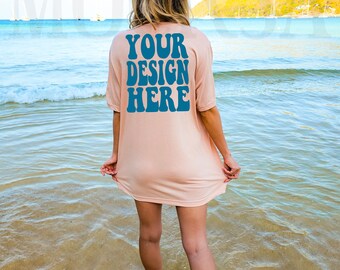 Bella Canvas 3001 Heather Peach Shirt Mock up | Bella Canvas Model Tshirt Back Mockup | BC Oversized 3001 Tee Mockup | Summer Beach Mockup