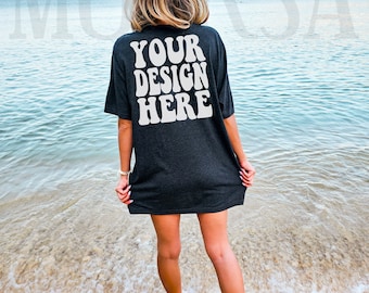 Bella Canvas 3001 Heather Dark Gray Shirt Mock up | Bella Canvas Model Tshirt Back Mockup | BC Oversized 3001 Mockup | Summer Beach Mockup