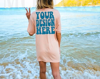Bella Canvas 3001 Heather Peach Shirt Mock up | Bella Canvas Model Tshirt Back Mockup | BC Oversized 3001 Tee Mockup | Summer Beach Mockup