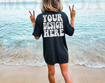 Bella Canvas 3001 Heather Dark Gray Shirt Mock up | Bella Canvas Model Tshirt Back Mockup | BC Oversized 3001 Mockup | Summer Beach Mockup